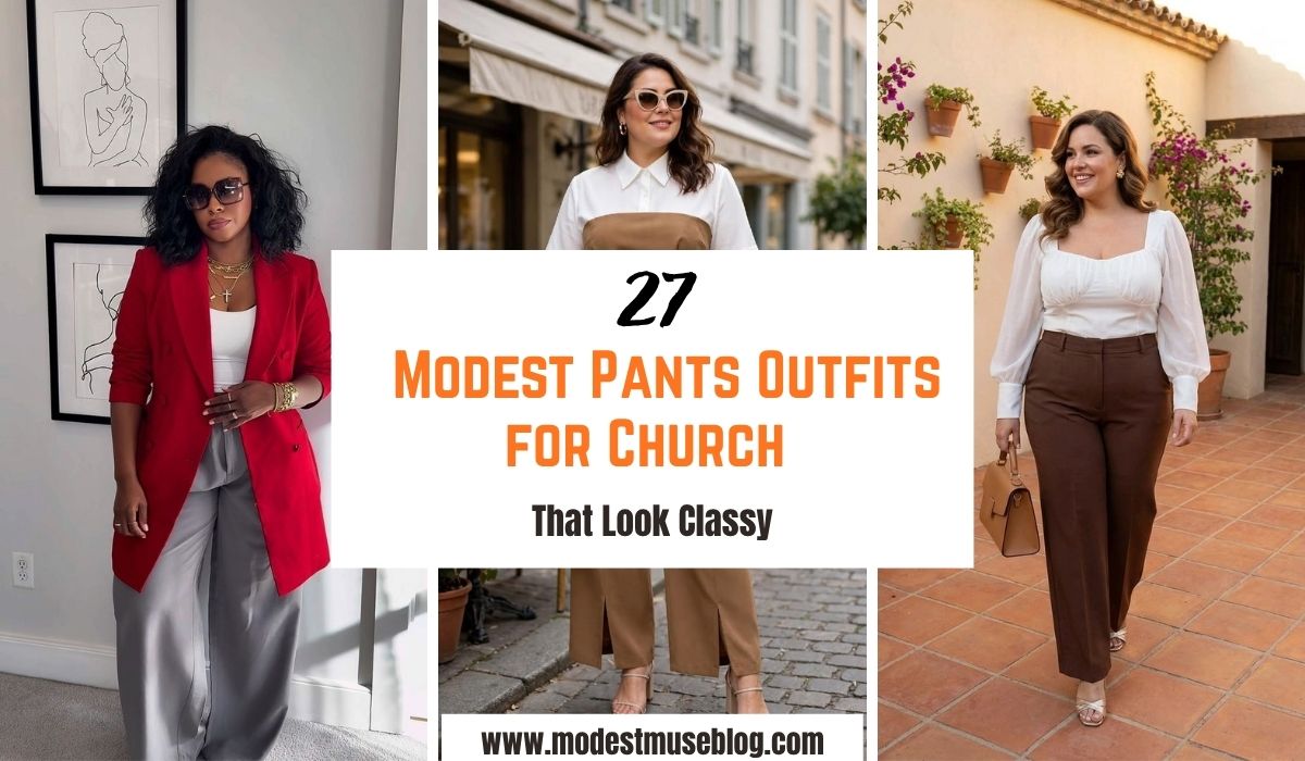 three grid pants outfit and text overlay 27 Modest Pants Outfits for Church That Look Classy
