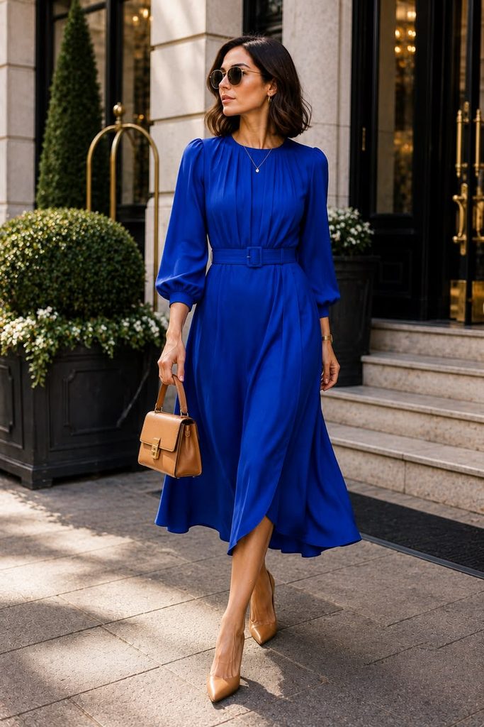 Belted Midi Dress With a Structured Handbag