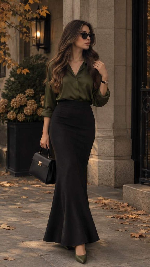 Black Maxi Skirt With an Elegant Blouse