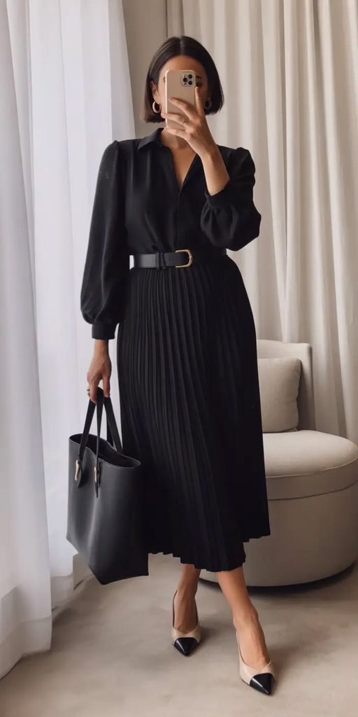 Black Midi Dress With a Statement Belt