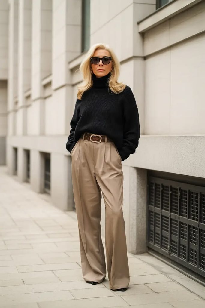 Black Turtleneck and Camel Trousers