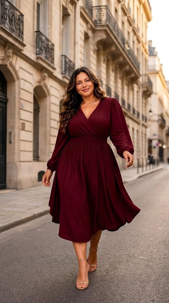 Burgundy Midi Dress With Neutral Accessories