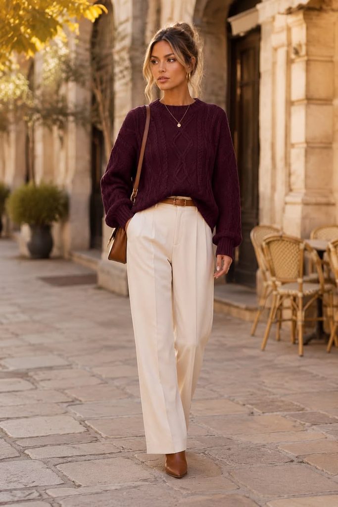 Burgundy Sweater and Cream Trousers