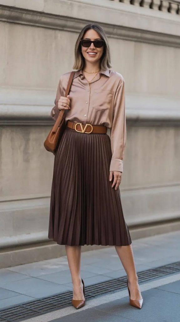 Button-Down Shirt With a Pleated Midi Skirt