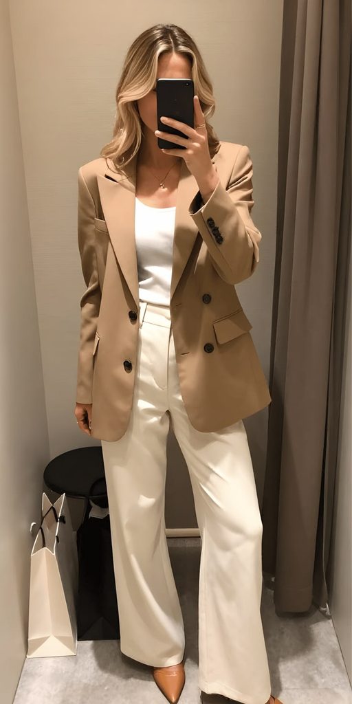 Camel Blazer With Cream Trousers
