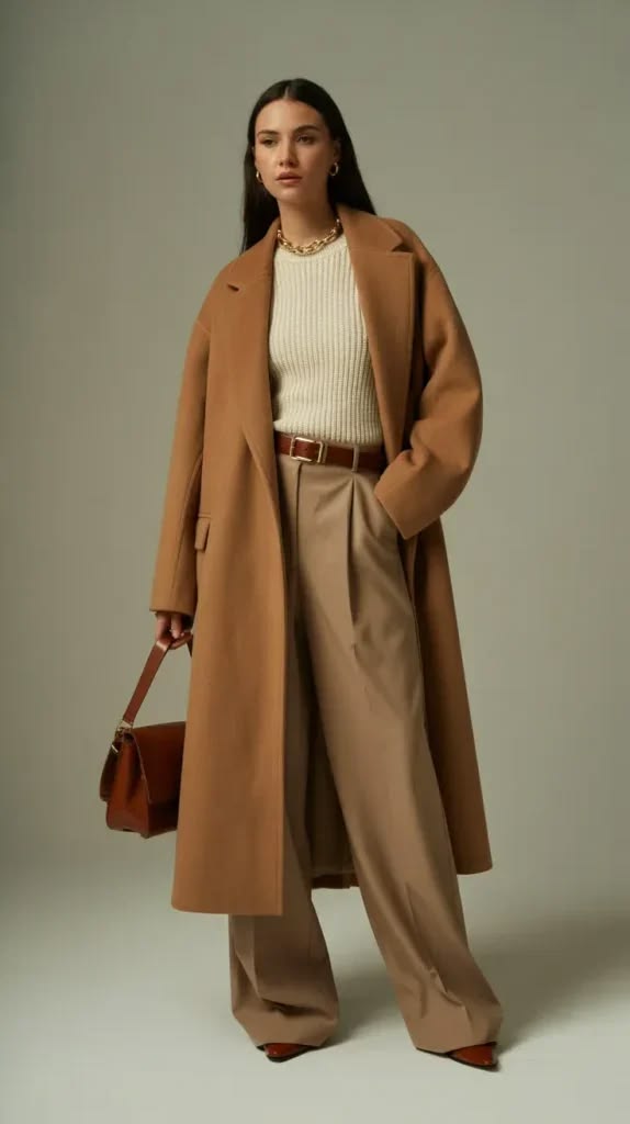 Camel Coat, Knit Sweater, and Wide-Leg Trousers