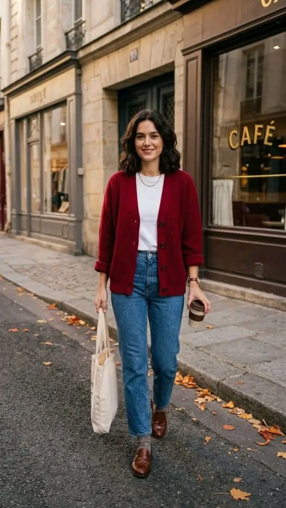 Cardigan, Straight-Leg Jeans, and Loafers