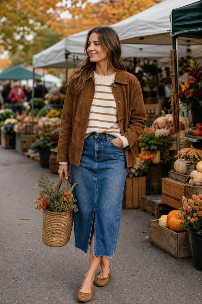 Denim Jacket, Sweater, and Midi Skirt