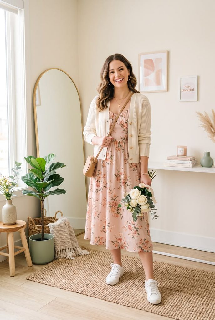  Floral Midi Dress With a Cardigan