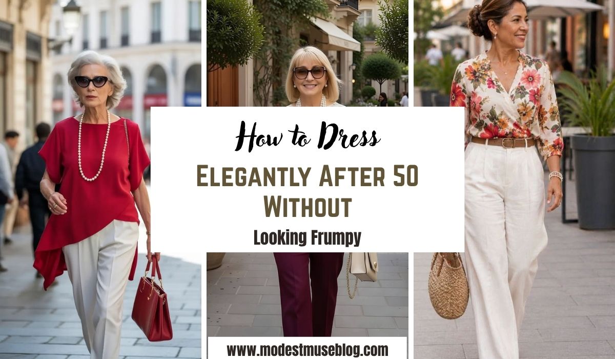 three grid fifty plus outfit and text overlay How to Dress Elegantly After 50 Without Looking Frumpy