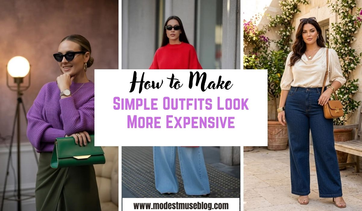 three grid modest outfit and text overlay How to Make Simple Outfits Look More Expensive