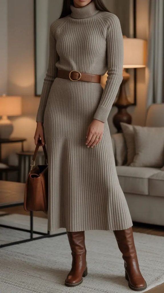 Long Knit Dress, Belt, and Boots