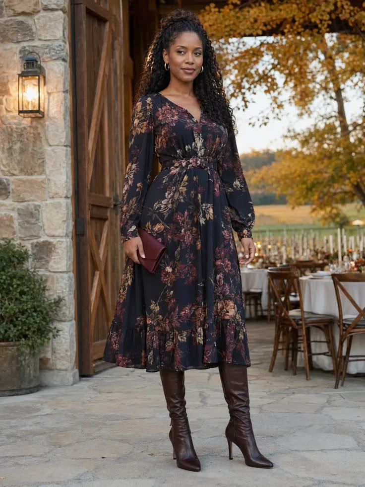  Long-Sleeve Floral Midi Dress With Boots