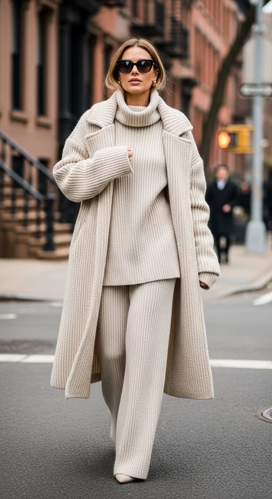 Matching Knit Set With a Long Coat