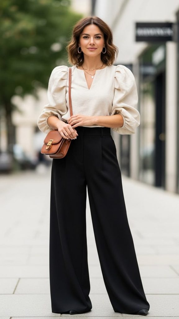 Pleated Wide-Leg Pants With a Feminine Blouse