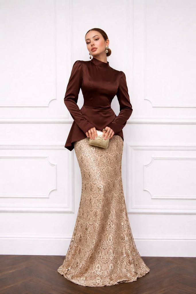  Satin Maxi Skirt With a Lace-Sleeve Blouse