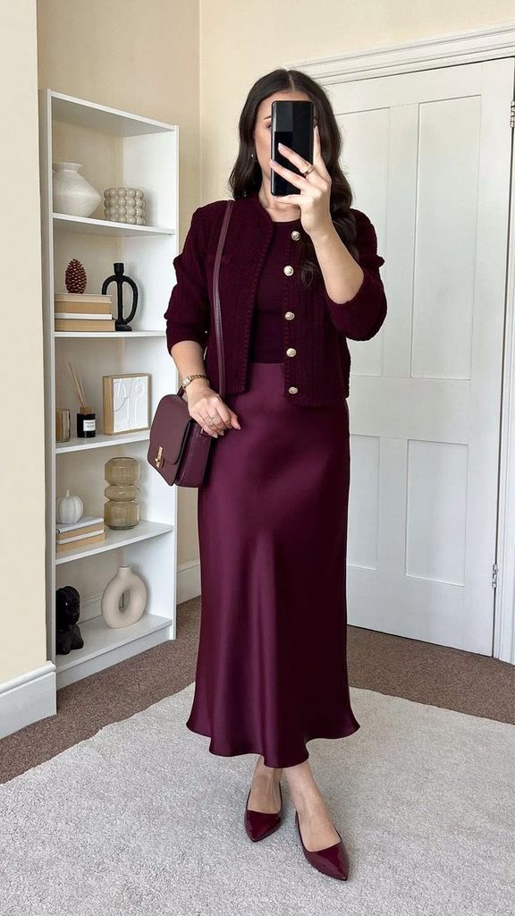 Satin Midi Skirt With a Button-Up Blouse