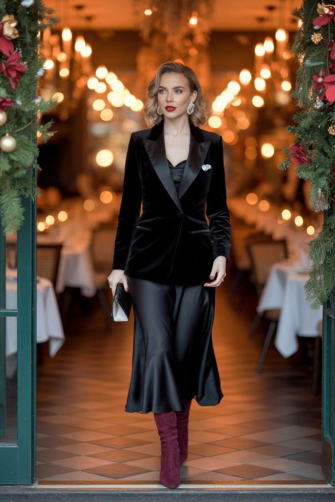 Velvet Blazer With a Satin Midi Skirt