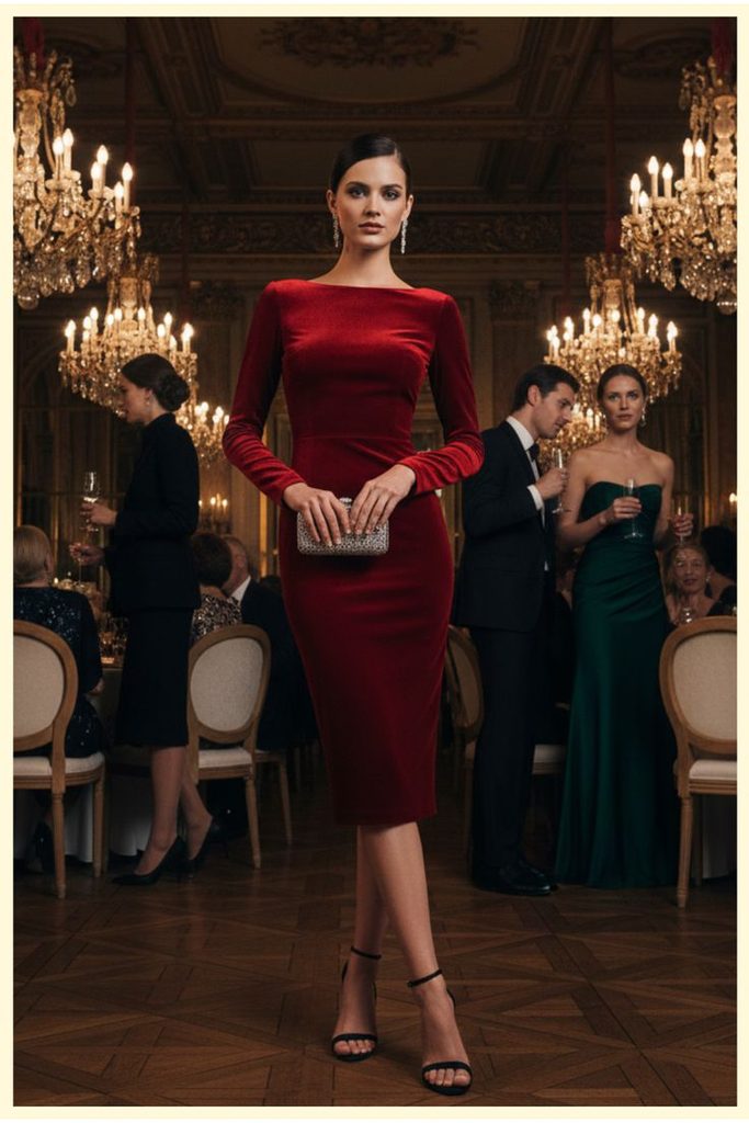Velvet Midi Dress With Simple Heels