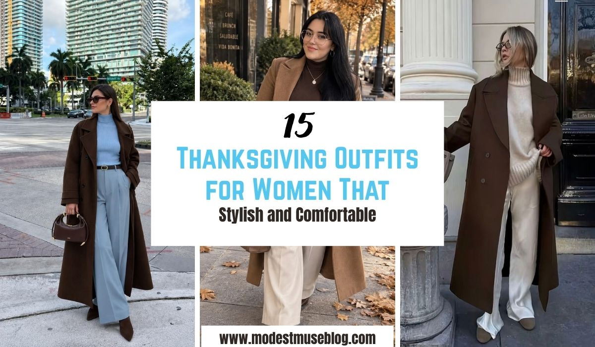 three grid outfit images and text overlay 15 Thanksgiving Outfits for Women That Feel Stylish and Comfortable
