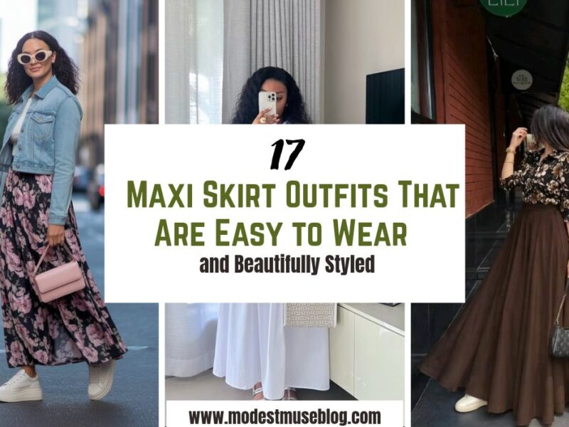 three grid outfits and text overlay 17 Maxi Skirt Outfits That Are Easy to Wear and Beautifully Styled