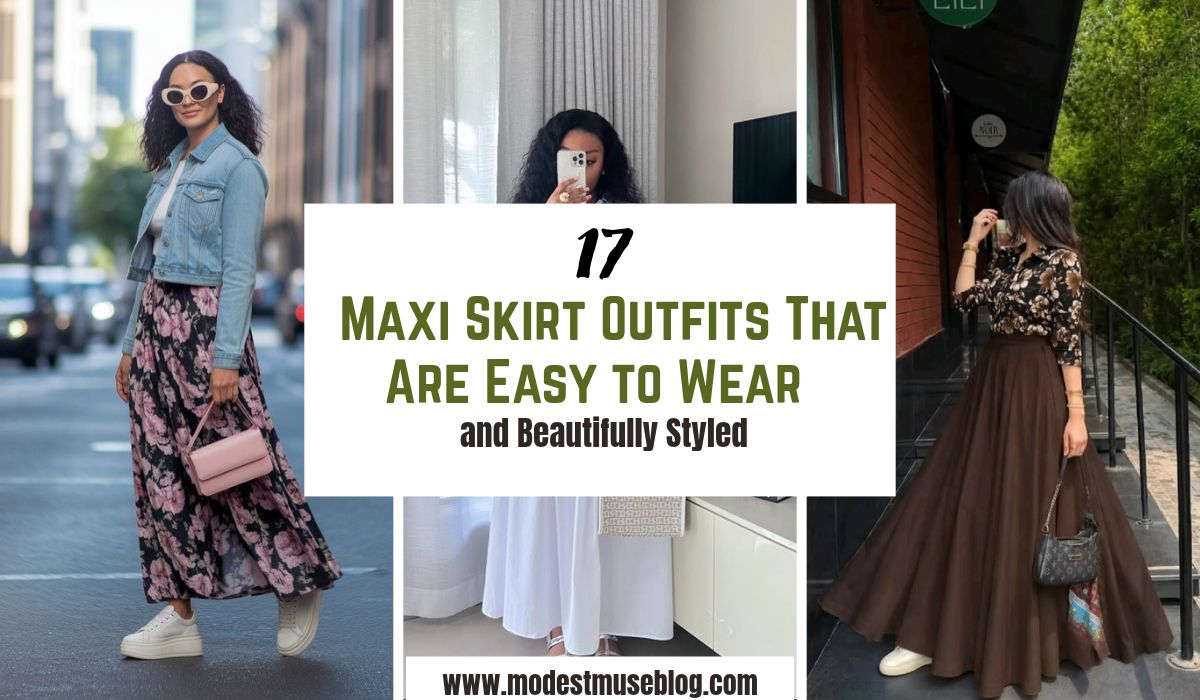 three grid outfits and text overlay 17 Maxi Skirt Outfits That Are Easy to Wear and Beautifully Styled