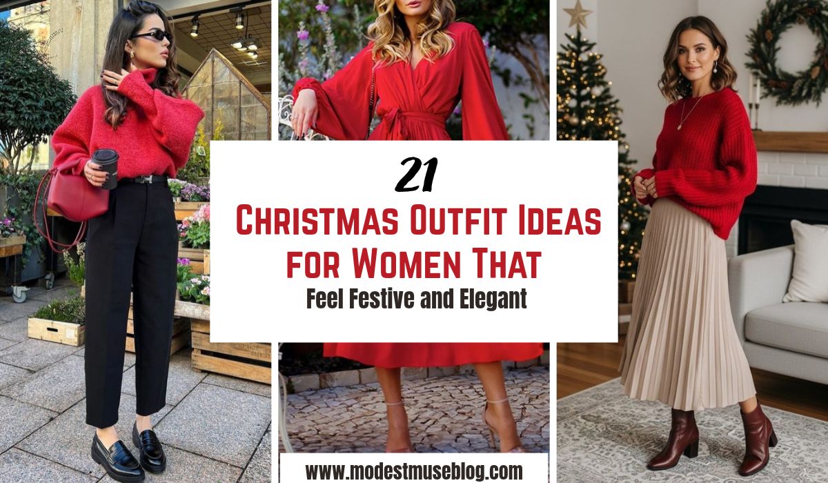 three grid outfit and text overlay 21 Christmas Outfit Ideas for Women That Feel Festive and Elegant