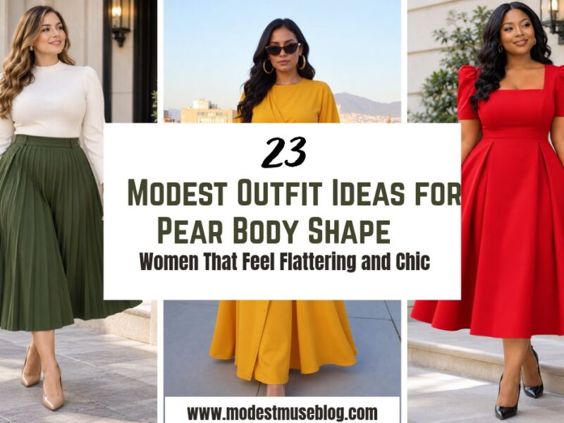 three grid outfit images and text overly 23 Modest Outfit Ideas for Pear Body Shape Women That Feel Flattering and Chic