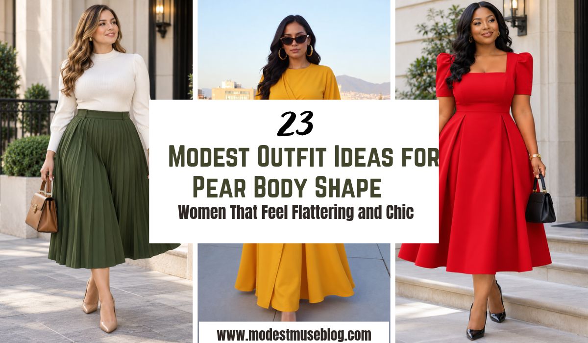 three grid outfit images and text overly 23 Modest Outfit Ideas for Pear Body Shape Women That Feel Flattering and Chic