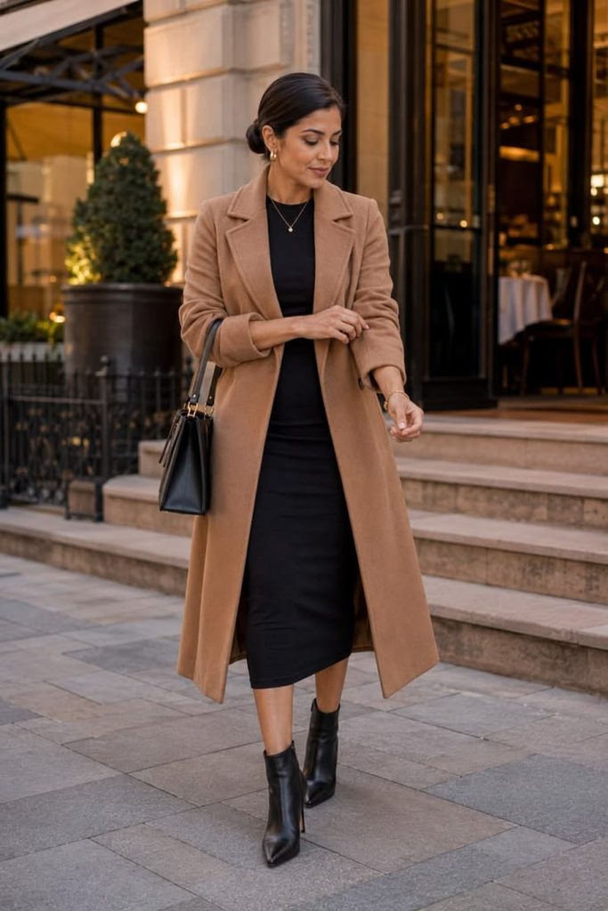 A Black Midi Dress With a Camel Coat