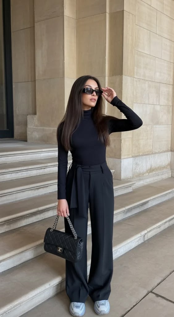 A Black Turtleneck with Tailored Trousers