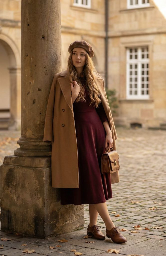 A Burgundy Dress With a Camel Coat