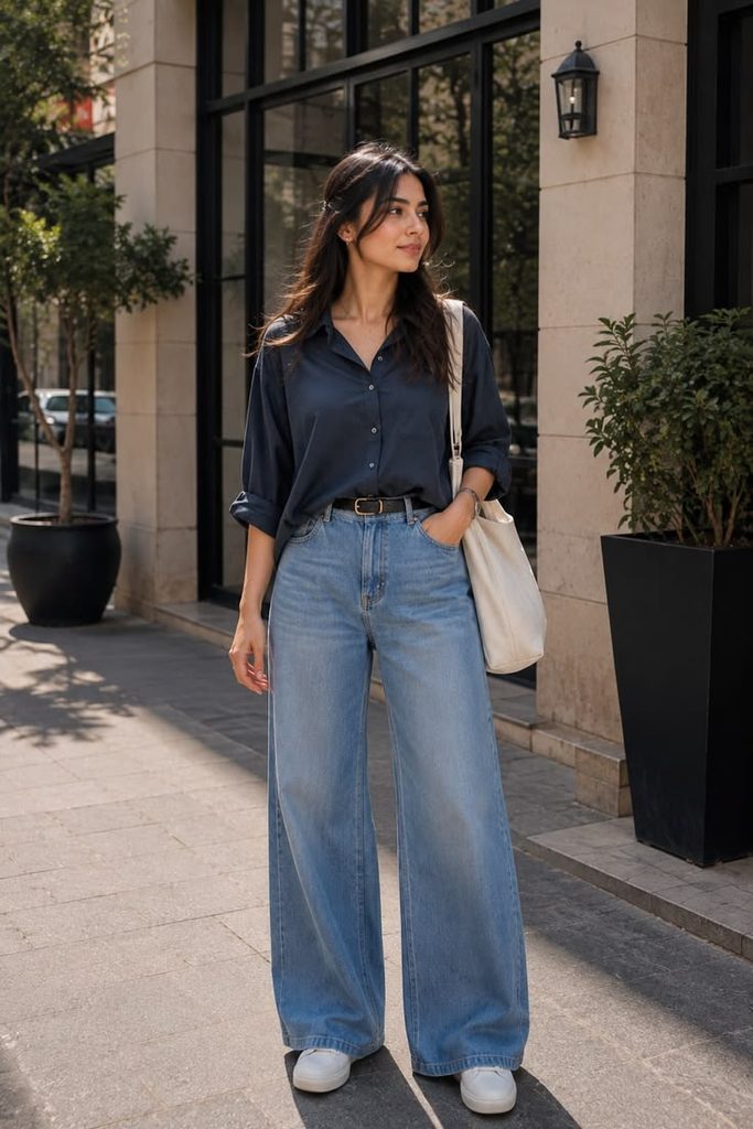 A Button-Down Shirt With Wide-Leg Jeans