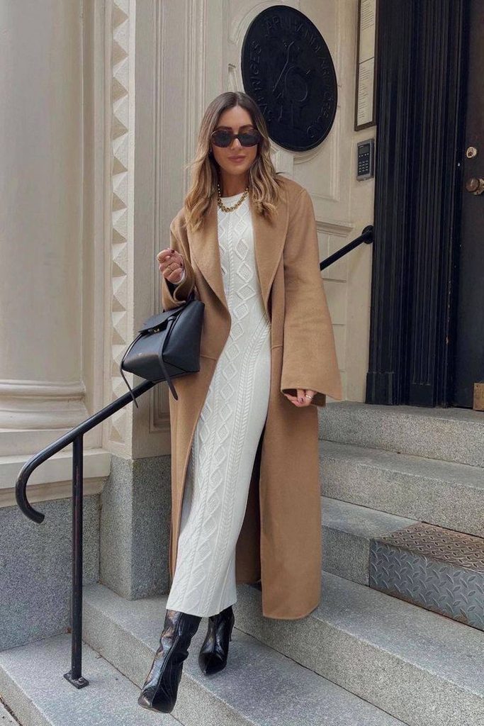 A Camel Coat With a Cream Knit Dress
