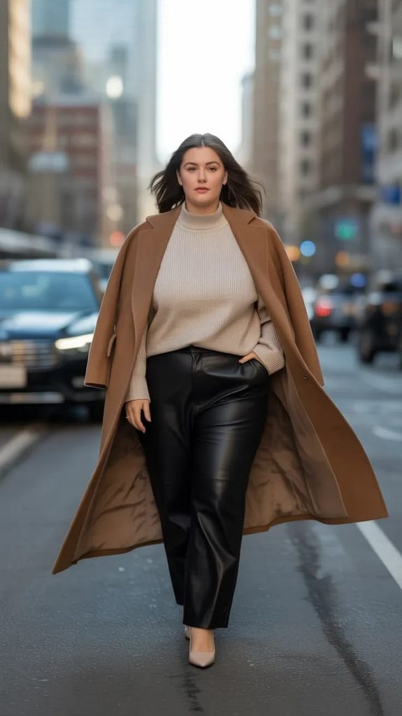 A Camel Coat with Black Trousers