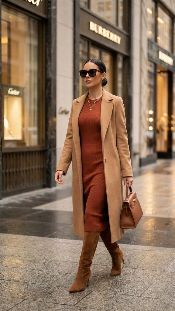 A Camel Knit Dress With Knee-High Boots