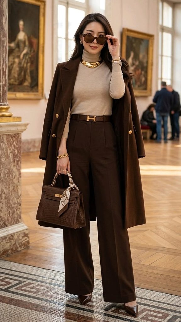 A Chocolate-Brown Coat with Beige Layers