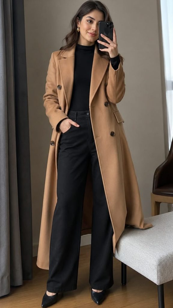 A Classic Camel Coat with Black Trousers