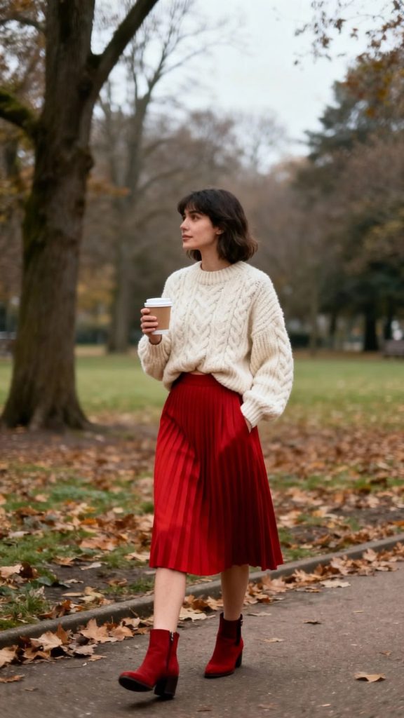  A Cozy Cream Sweater and Pleated Skirt