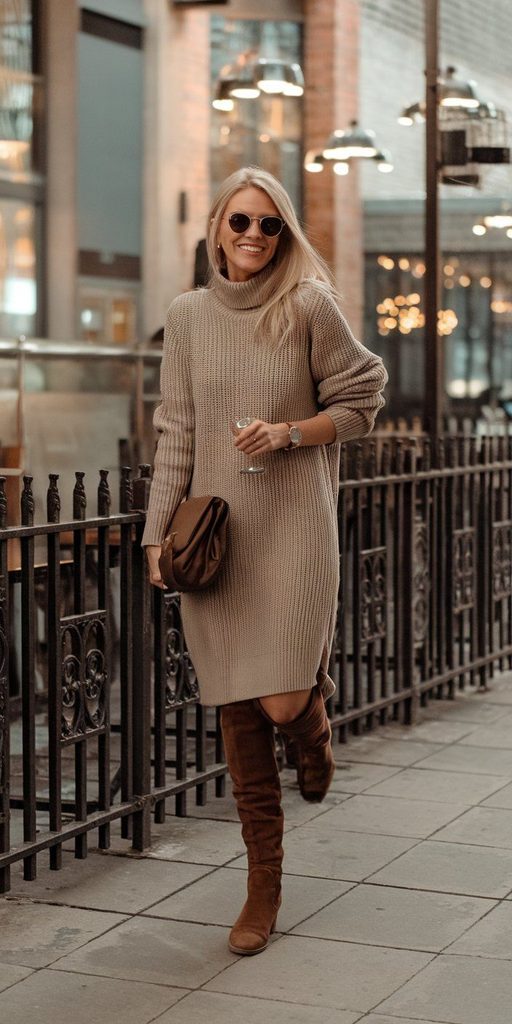  A Cozy Knit Dress With Knee-High Boots