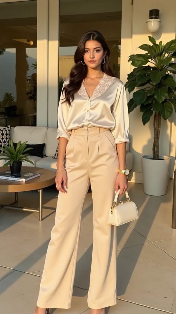 A Cream Blouse With Tailored Beige Trousers