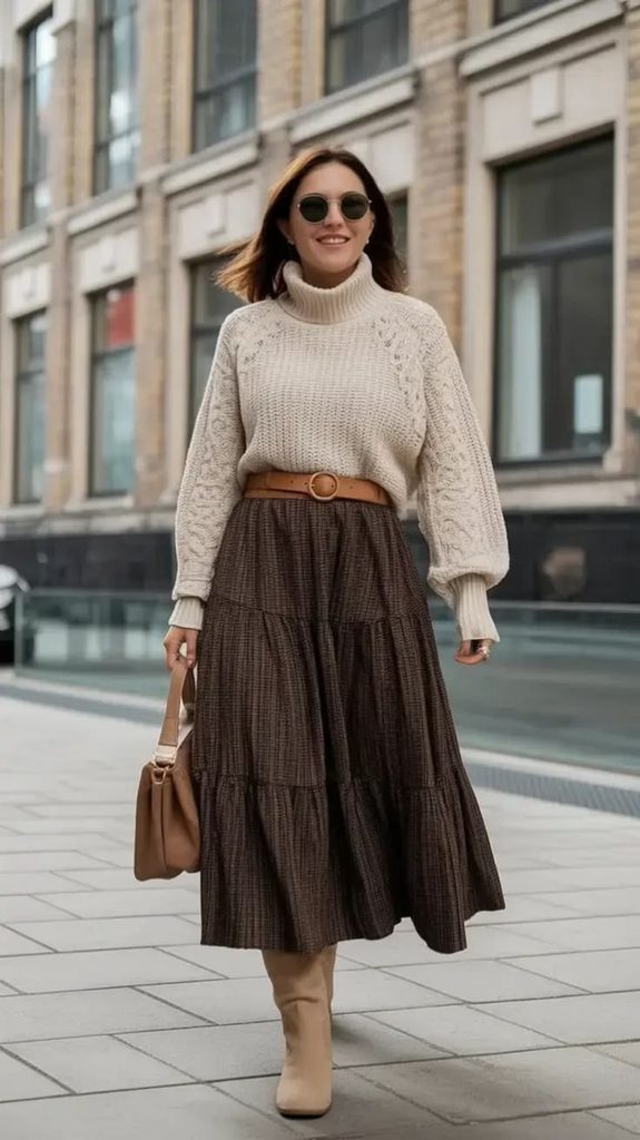 A Cream Sweater with a Brown Midi Skirt