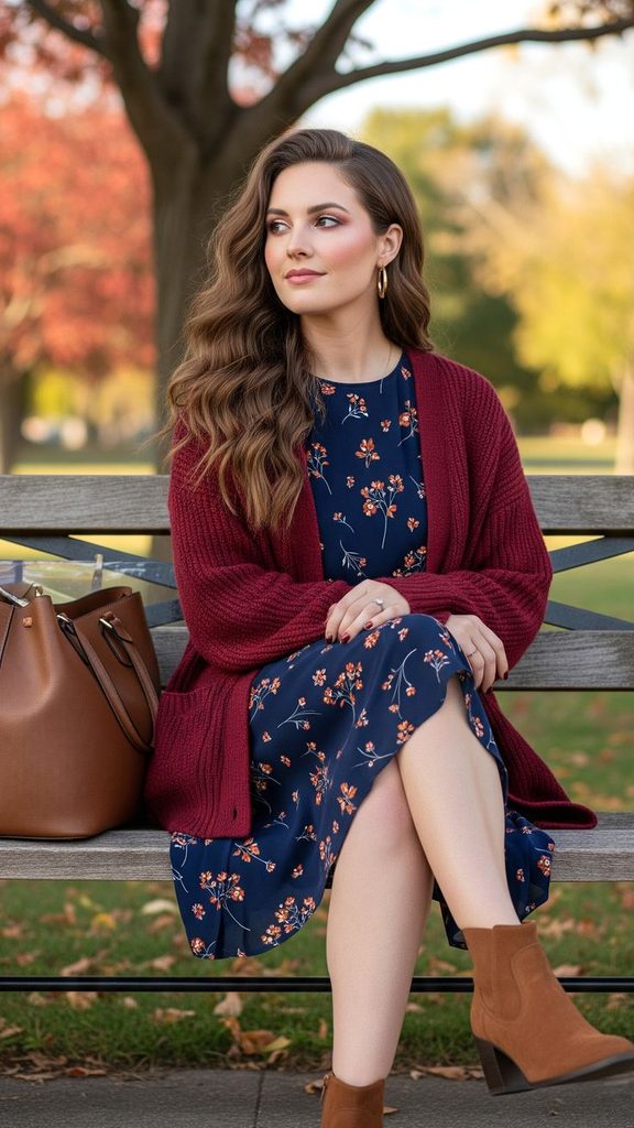 A Floral Midi Dress with a Cozy Cardigan