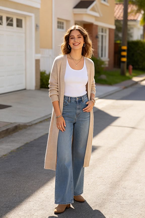 A Long Cardigan With a Fitted Top and Straight-Leg Jeans