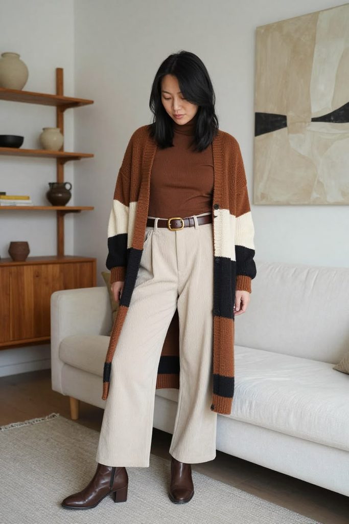 A Long Cardigan with a Turtleneck and Straight-Leg Trousers