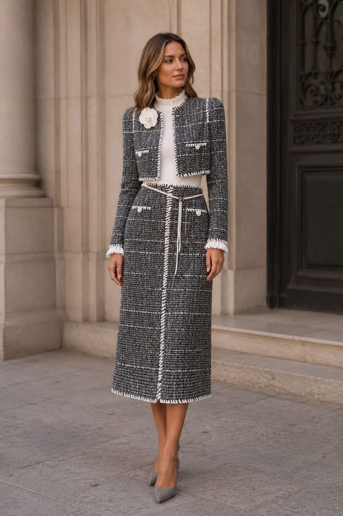 A Matching Tweed Jacket and Midi Skirt Set