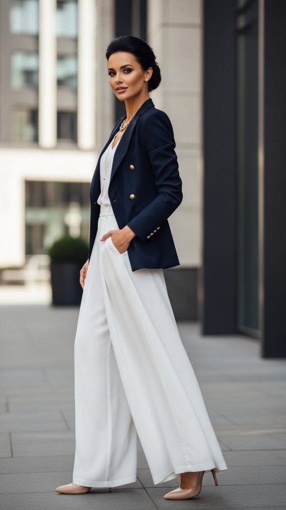 A Navy Blazer With White Wide-Leg Trousers