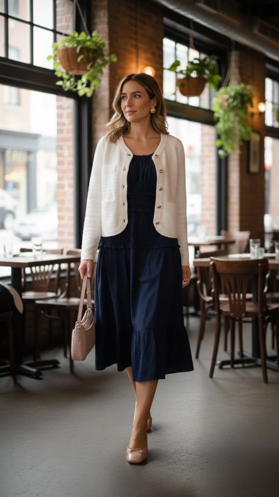 A Navy Midi Dress With a Cream Cardigan