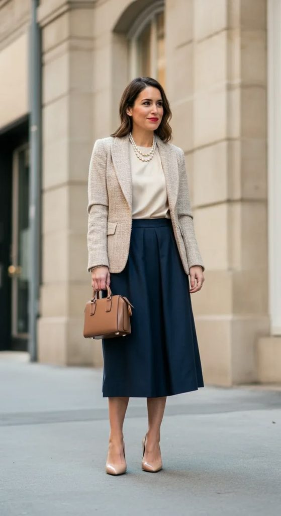 A Navy Midi Skirt With a Cream Blazer