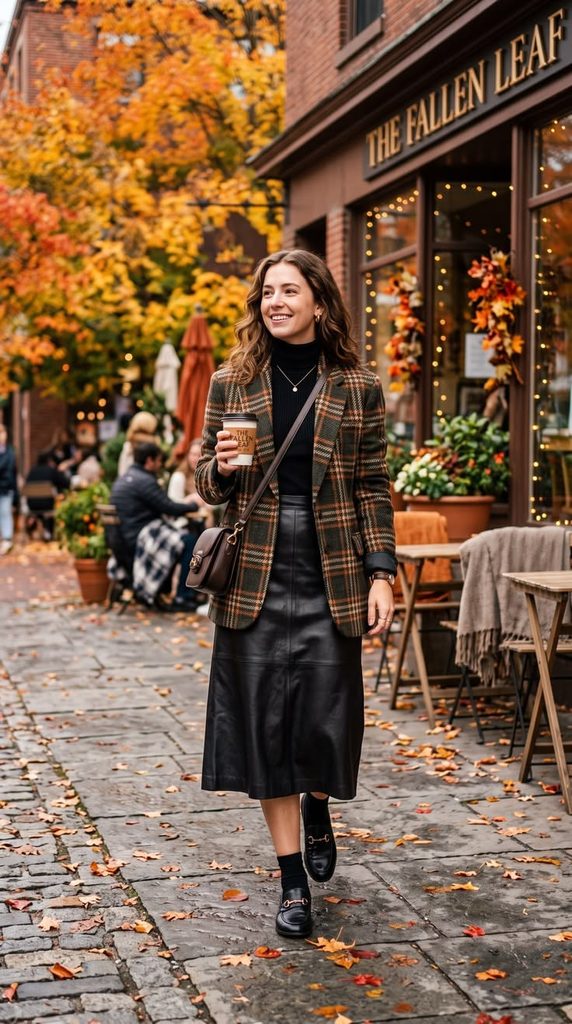 A Plaid Blazer With a Black Mini or Midi Skirt